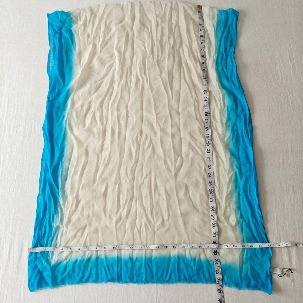 Spun by Subtle Luxury Bright Blue Cream Scarf Rectangle Bohemian Wool Silk Blend